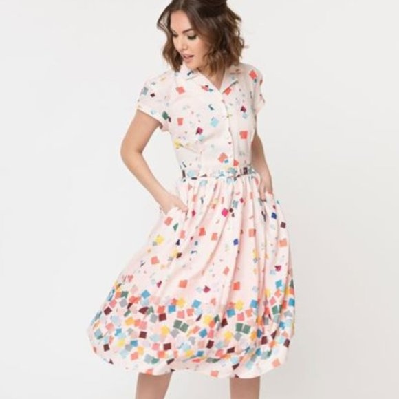 Unique Vintage Dresses & Skirts - Unique Vintage Pink Paint Print Dress
